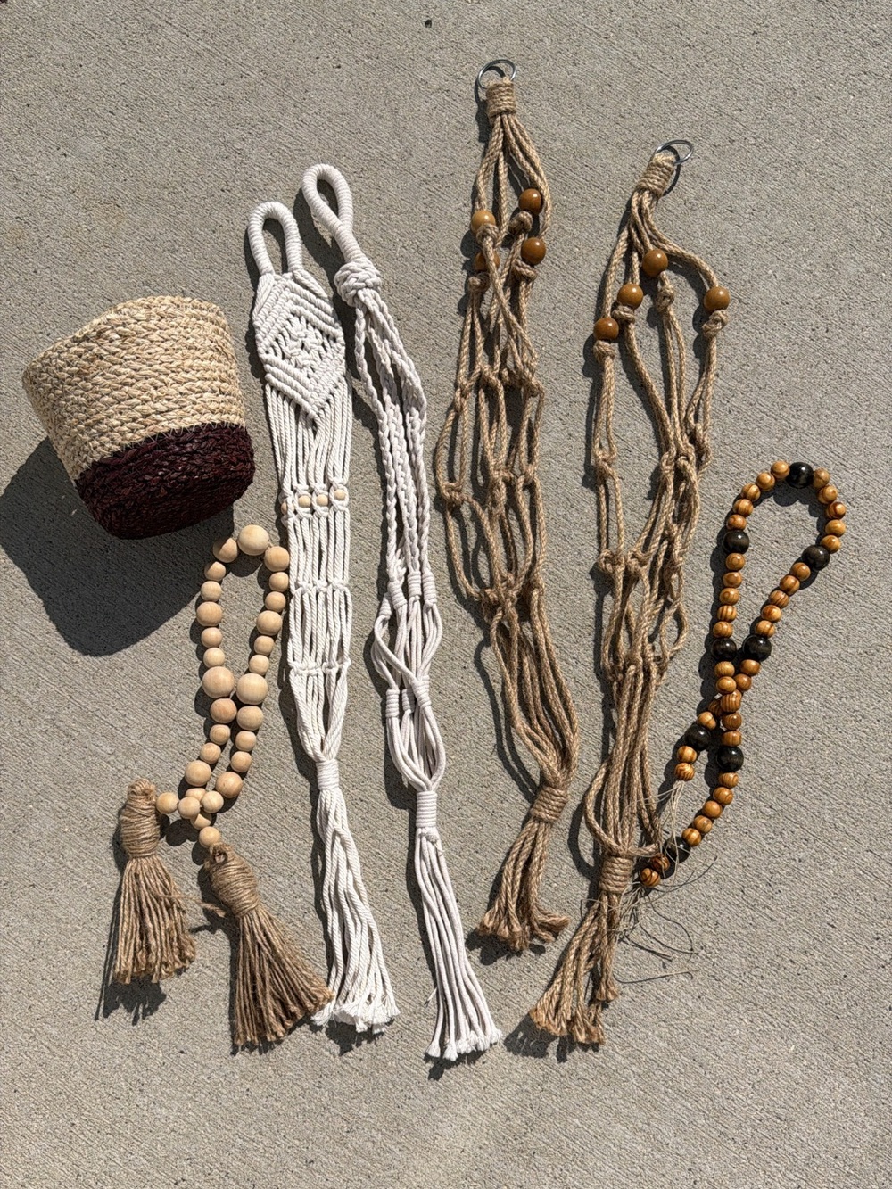 Boho Cottage Decor Set: Macrame & Rope Plant Hangers, Woven Basket & Beads